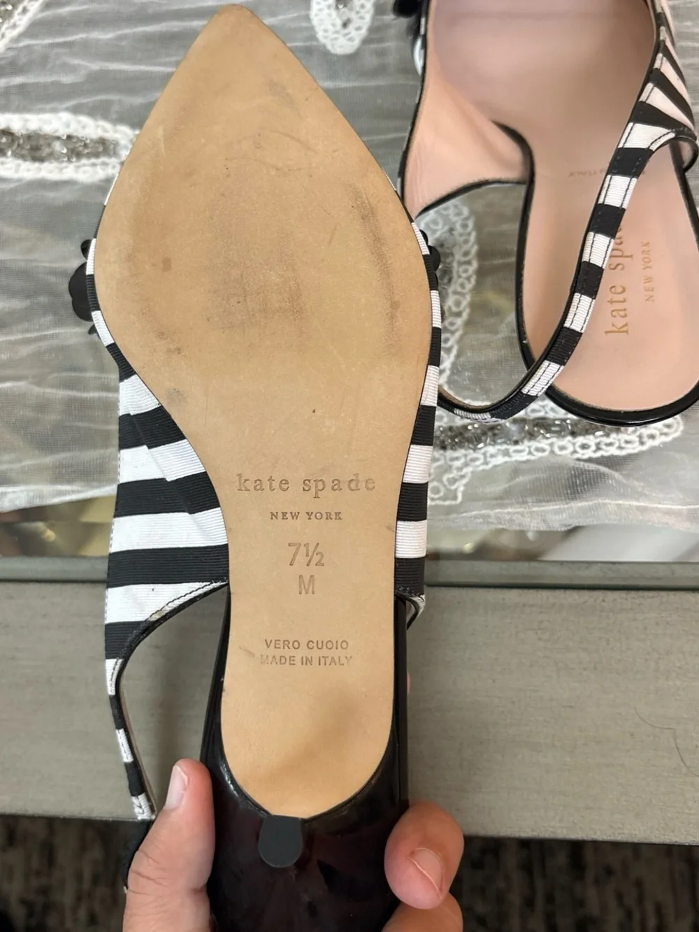 kate spade Black & White Striped Floral Embellished Slingback Flats